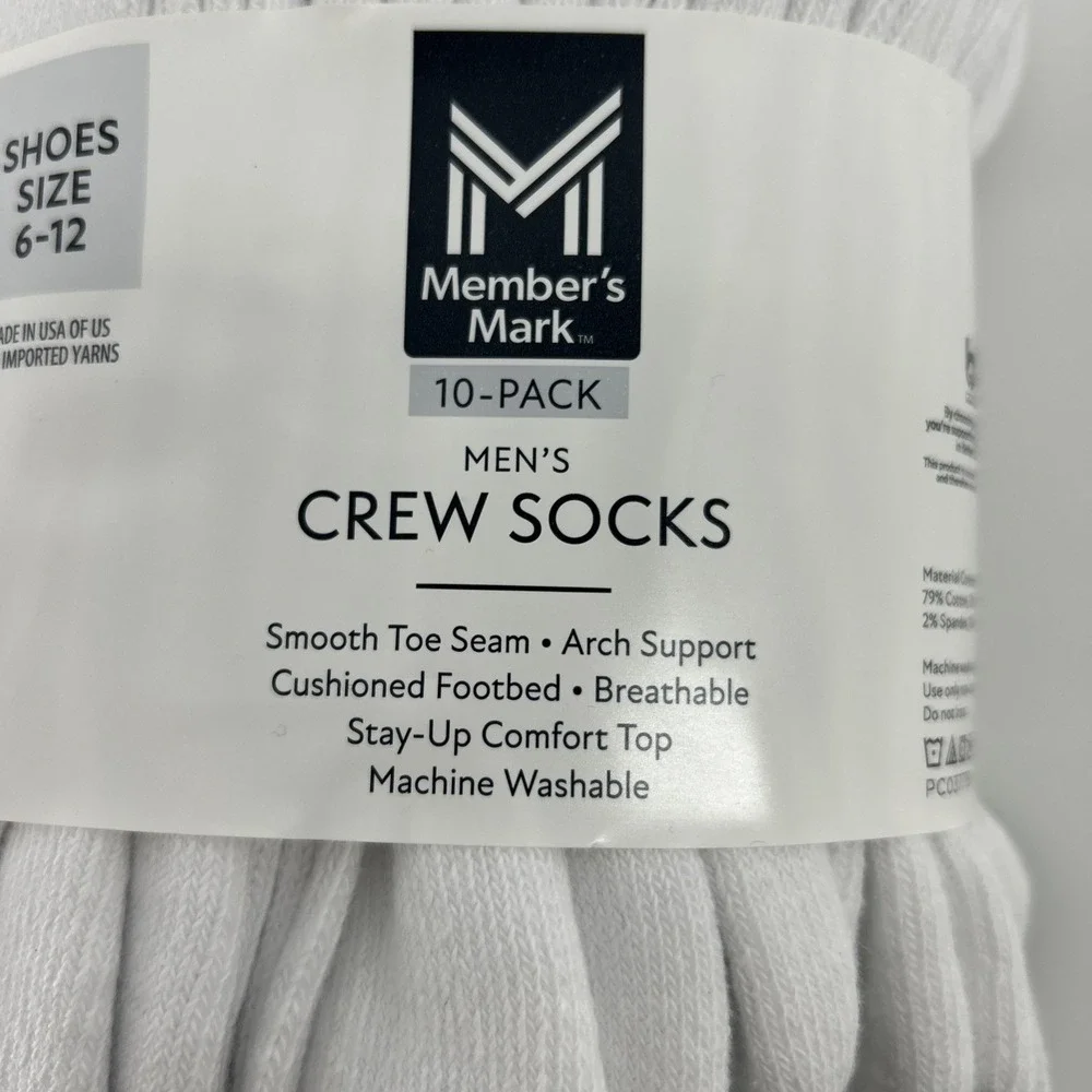 Member's Mark Crew Socks 10 Pair Cotton Blend Sizes 6-12 White & Gray Workwear